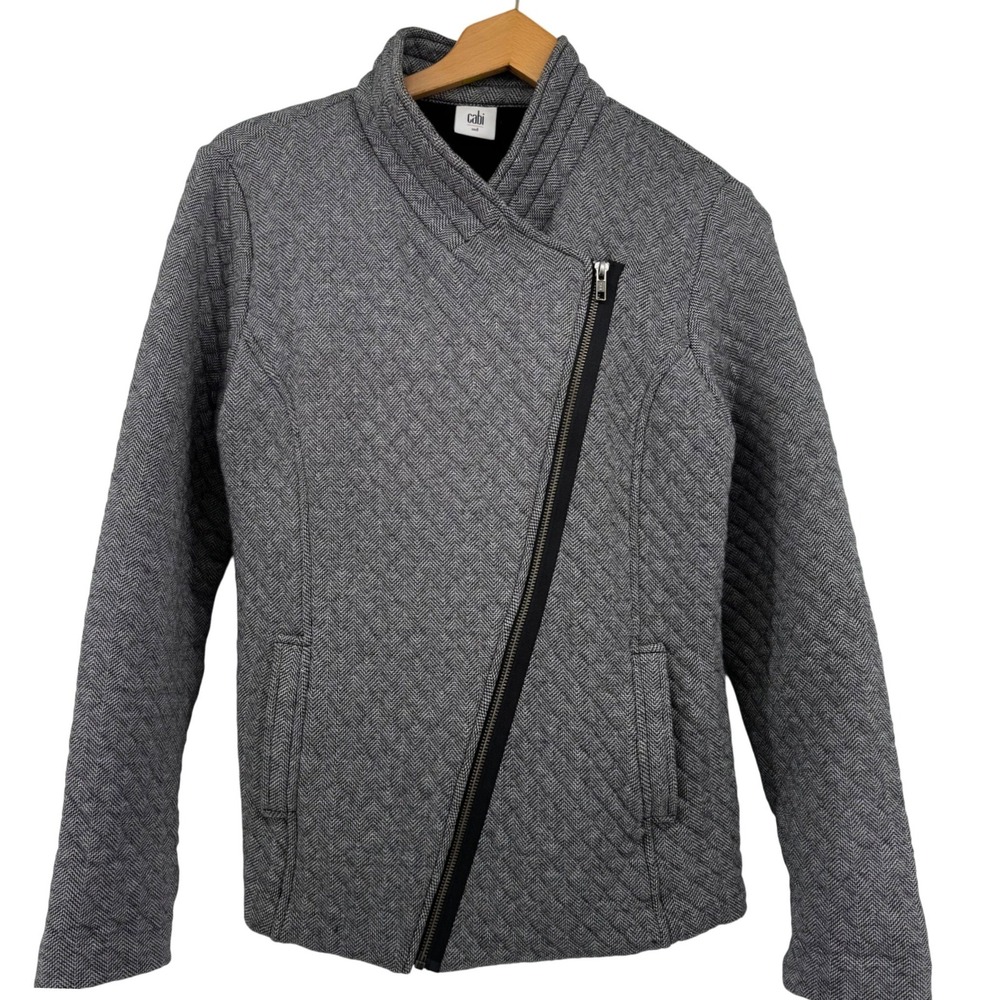 Cabi Grey Herringbone Asymmetrical Zip Moto Jacket Quilted M Chic Biker Office